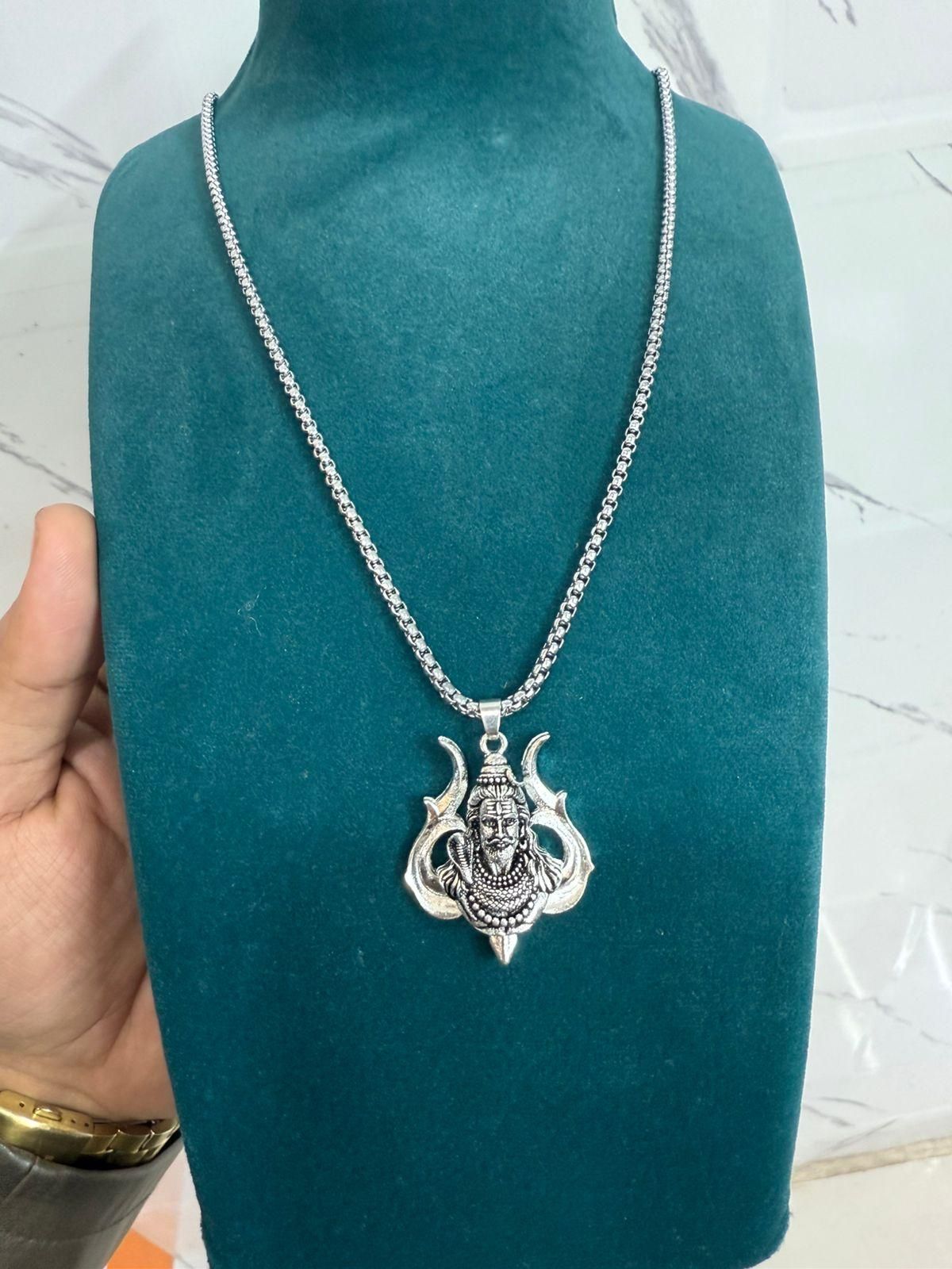 Silver Coated Shiv Trishul Pendant With Chain