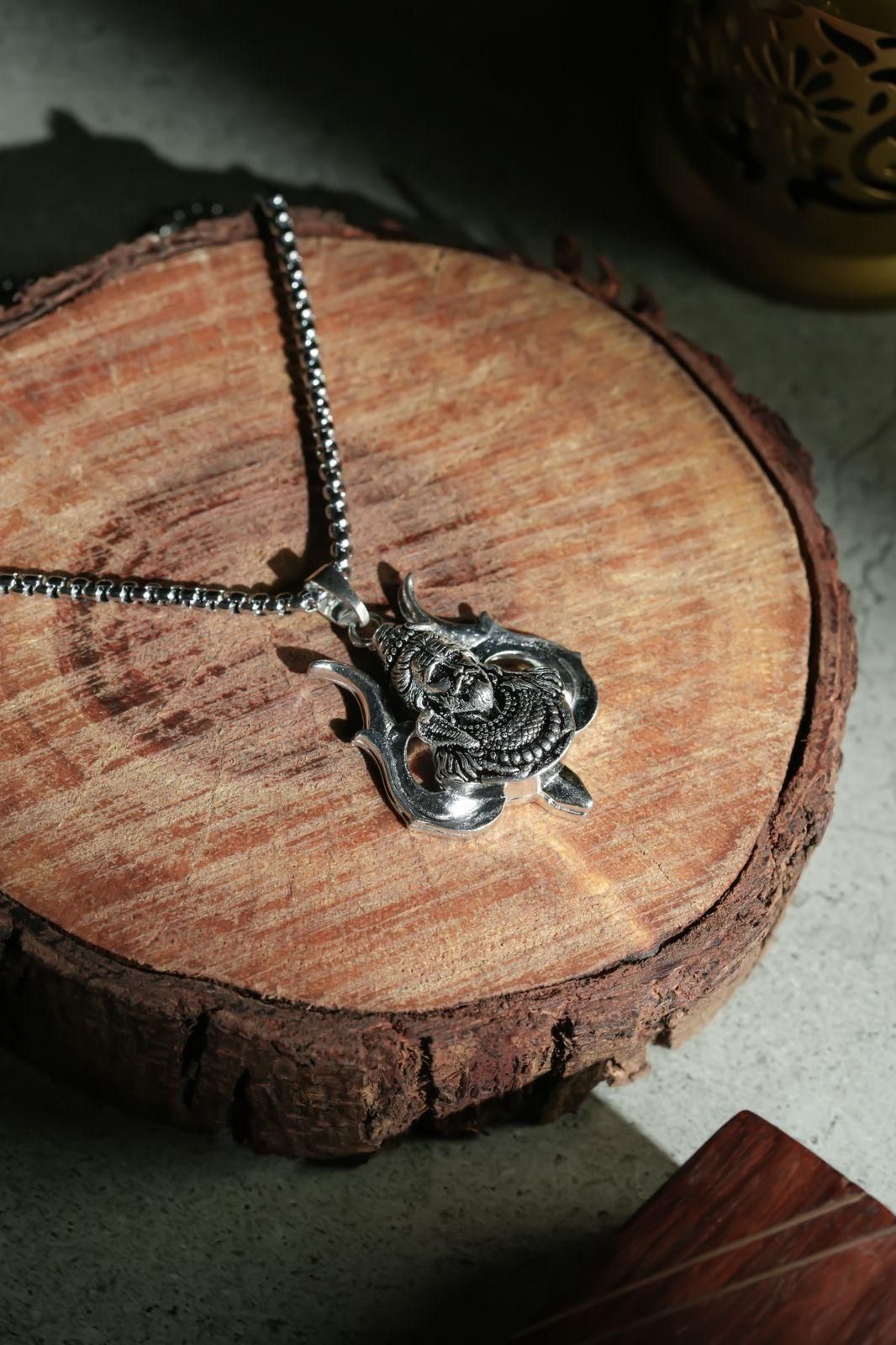 Silver Coated Shiv Trishul Pendant With Chain
