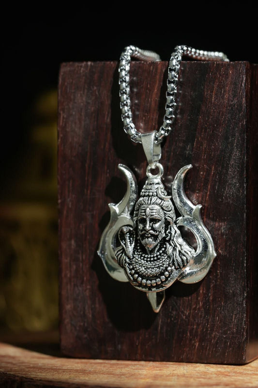 Silver Coated Shiv Trishul Pendant With Chain